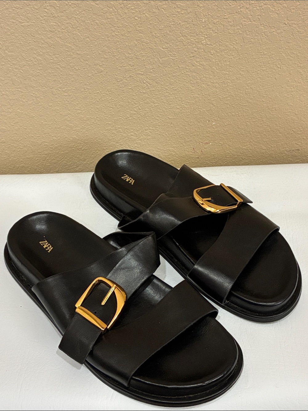 ZARA Black Leather Slide Mules with Gold Buckle